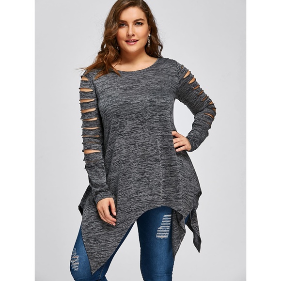 Plus Size Ripped Sleeve Handkerchief Top - Gray - Picture 2 of 7